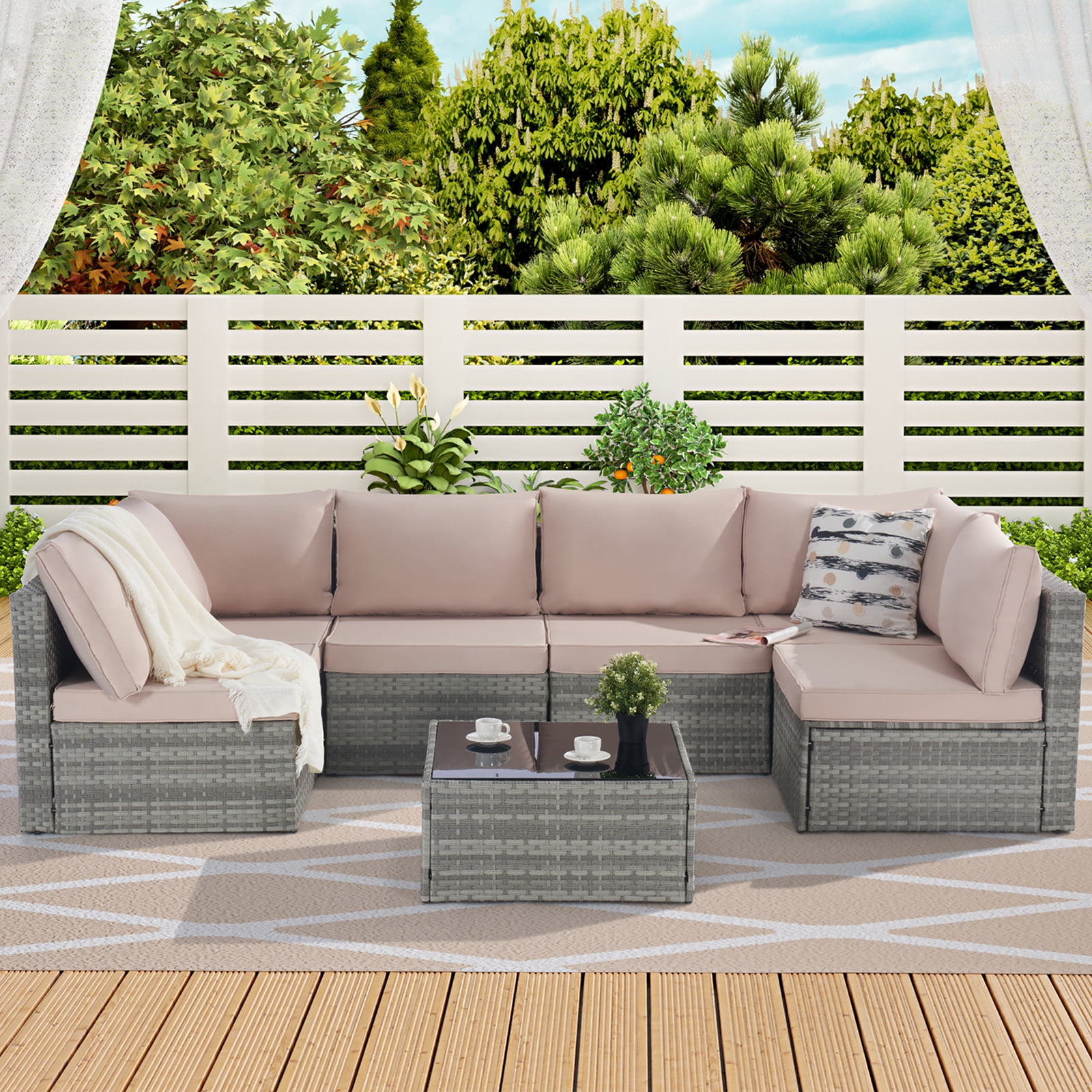 Techmilly 7pc Patio Sectional Sofa PE Rattan Wicker Set Cushions Glass Table A4 burgundy Walmart