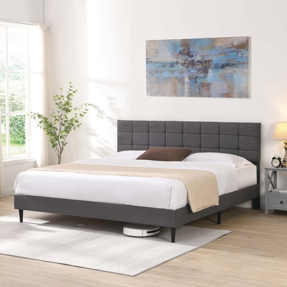 Bingirl Full/Queen/King Size Platform Bed Frame with Fabric Upholstered Headboard Wooden Slats,No Box Spring Needed,Easy Assembly, Dark Grey