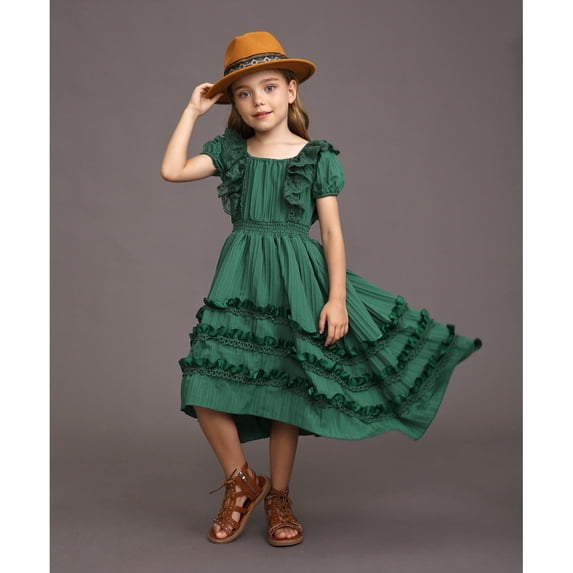 Bingirl Girls Cotton Princess Dresses Summer Solid Color Square Neck Ruffle Elastic Waistband Skirts Casual Short Sleeved Dresses