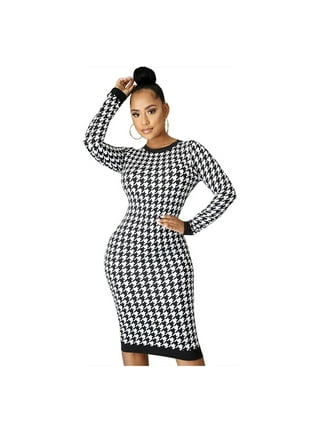 Buy ThusFar Women's Vintage Houndstooth Dress - Long Sleeve Bodycon Slim  Fit Pencil Dress,Black-S at