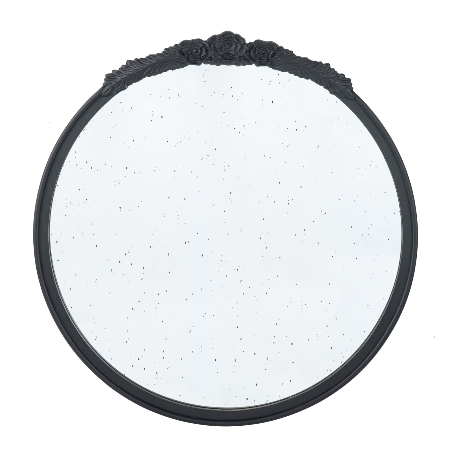 Round Black Wood Vanity Mirror with Carved Rose Detail