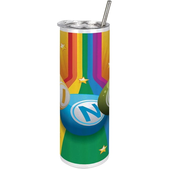 Bingo 20 Oz Skinny Tumbler, Colorful Bingo Balls Rainbow over Yellow Bursting Background Leisure Time Fun, Leak-Proof Straw Lid and Brush Vacuum Insulated for Outdoor Use, Yellow Multicolor