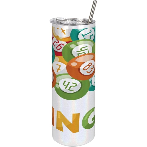 Bingo 20 Oz Skinny Tumbler, Lottery Game Illustration Colorful Balls with Various Number and Bingo Lettering, Leak-Proof Straw Lid and Brush Vacuum Insulated for Outdoor Use, Fern Green