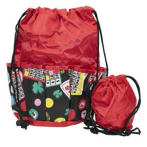 Bingo Bag and Coin Purse Set - Lucky Print Design - Adjustable Shoulder Strap -  Cotton and Nylon - Red