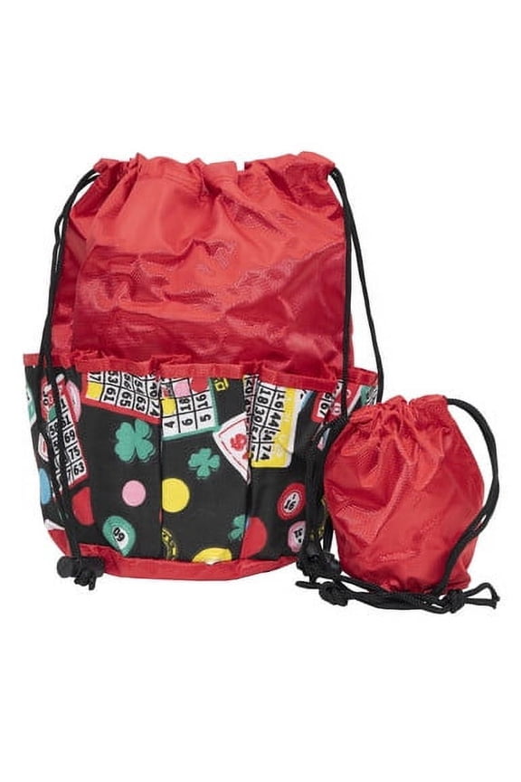 Bingo Bag and Coin Purse Set - Lucky Print Design - Adjustable Shoulder Strap - Cotton and Nylon - Red