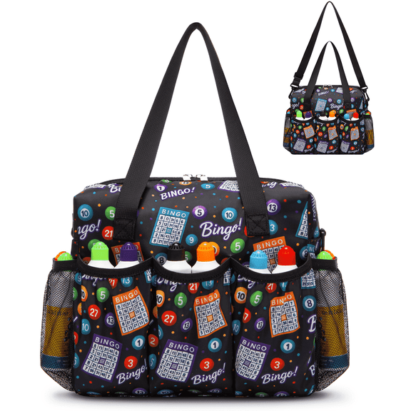 Bingo Bag with Pockets for Daubers Dabbers Dobbers Dotters - Casino Bingo Game Accessories for Adults & Seniors - Compact, Portable & Stylish Black