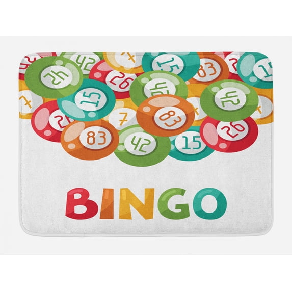 Bingo Bath Mat, Lottery Game Illustration Colorful Balls with Various Number and Bingo Lettering, Plush Bathroom Decor Mat with Non Slip Backing, 29.5" X 17.5", Multicolor, by Ambesonne