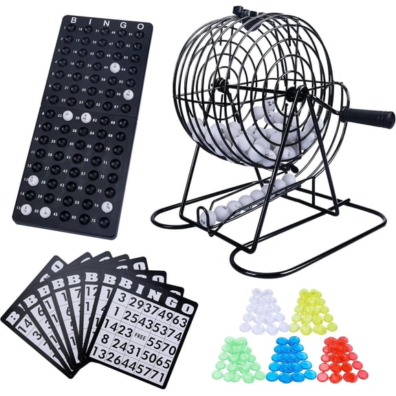 Bingo Game Set for Adults and Kids - Included 8" Metal Wheel Cage, 75 Calling Balls, Master Board, 18 Bingo Cards & 150 Colored Chips, Great for Fun Family Game Night, Large Groups, Parties