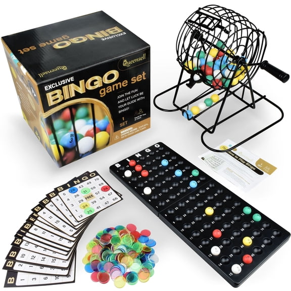 Queensell Bingo Game Set for Adults and Kids Metal Cage, Cards, 150 Chips, 75 Balls Family Bingo for Large Groups