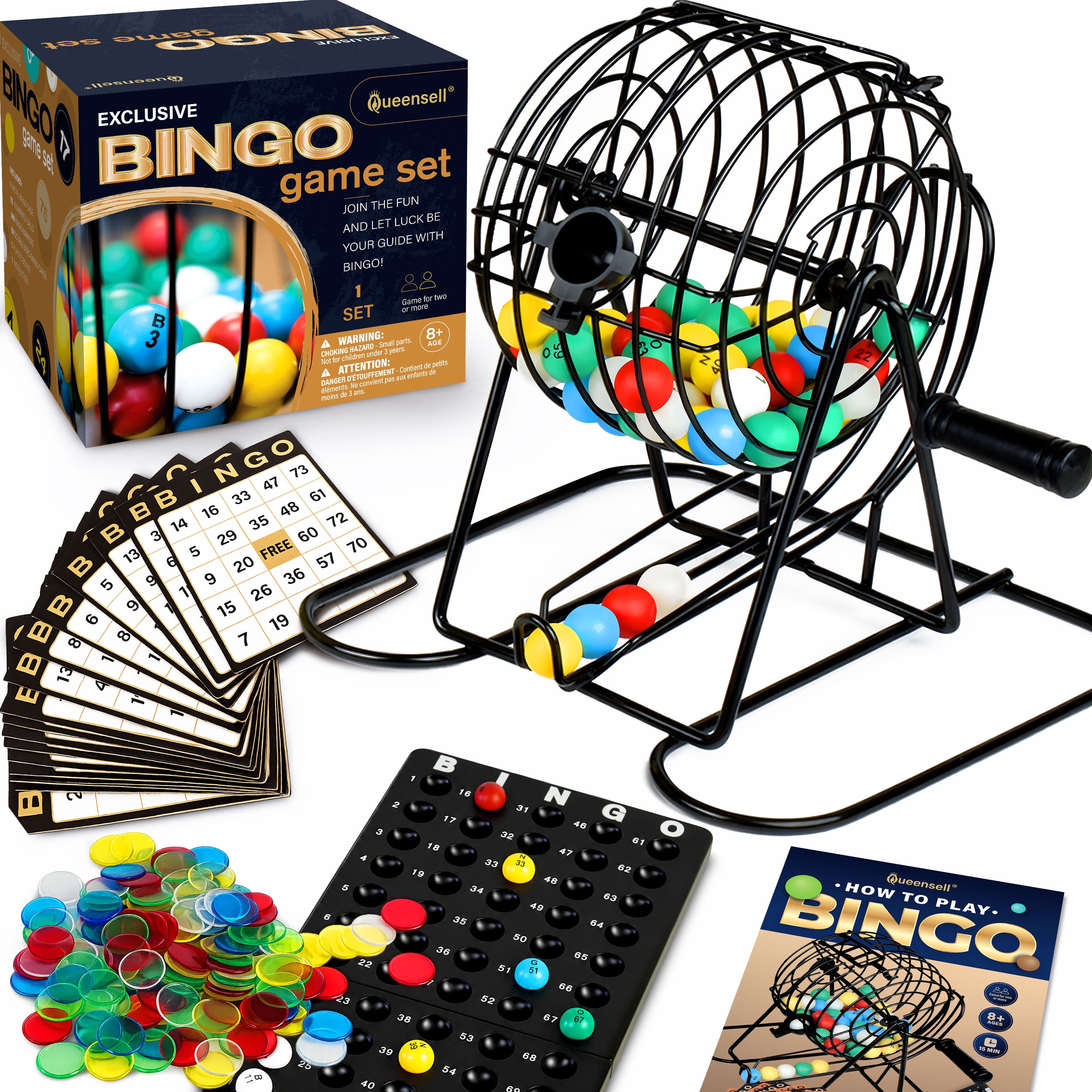 Queensell Bingo Game Set for Adults and Kids – Metal Cage, Cards