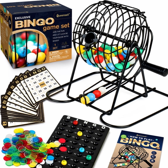 Queensell Bingo Game Set for Adults and Kids Metal Cage, Cards, 150 Chips, 75 Balls Family Bingo for Large Groups