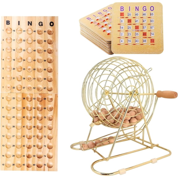 Bingo Game Set with Large Brass Cage, Wood Master Board, 10 Shutter Slide Cards & 7/8" Calling Balls for Family & Party Fun
