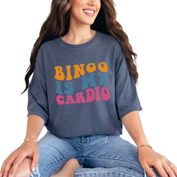 Bingo Is My Cardio, Witty Workout & Game Humor Quote, Groovy Retro Wavy Text, Denim Comfort Colors T-Shirt, Small