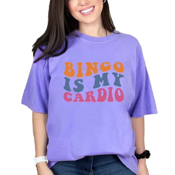 Bingo Is My Cardio, Witty Workout & Game Humor Quote, Groovy Retro Wavy Text, Violet Comfort Colors T-Shirt, Large