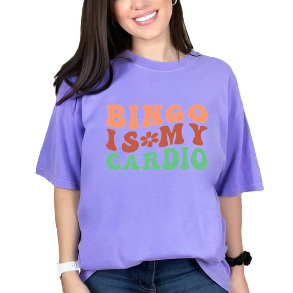 Bingo Is My Cardio, Workout & Game Humor Quote, Groovy Retro Wavy Text, Violet Comfort Colors T-Shirt, 2XL