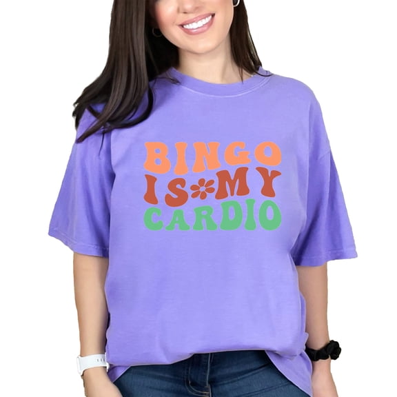 Bingo Is My Cardio, Workout & Game Humor Quote, Groovy Retro Wavy Text, Violet Comfort Colors T-Shirt, Large