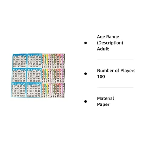 Bingo Paper Game Cards – 6 Card – 10 Bingo Sheets – 100 Books – 10 Colors, Made in USA