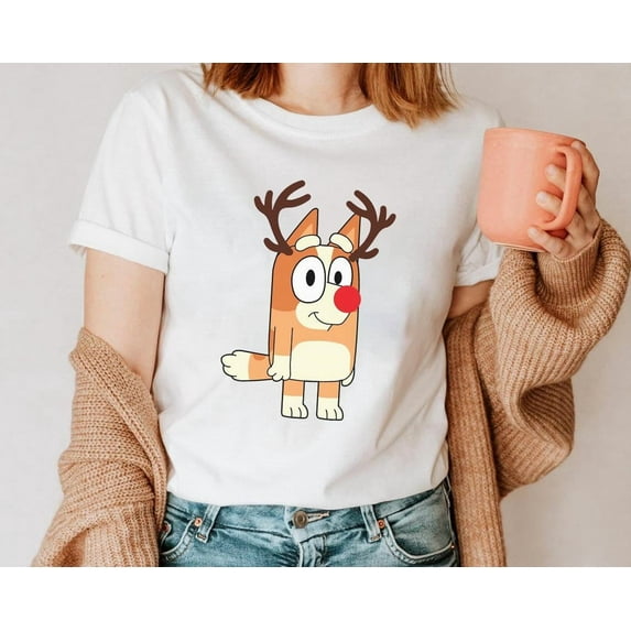 Bingo Reindeer Christmas Shirt, Cute Red Nose Bingo T-Shirt, Bluey Holiday Gift, Family Xmas Matching Tee,White Color,Size M
