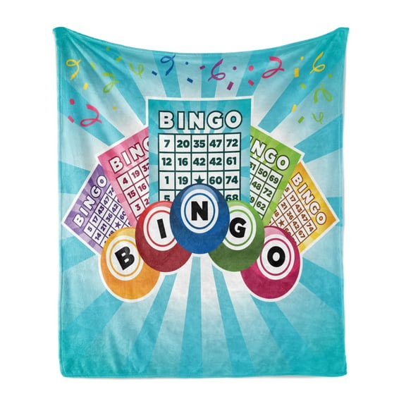 Bingo Soft Flannel Fleece Blanket, Colorful Illustration of Bingo Cards and Balls on Blue Sun Rays Retro Style, Cozy Plush for Indoor and Outdoor Use, 50" x 60", Pale Blue Multicolor, by Ambesonne