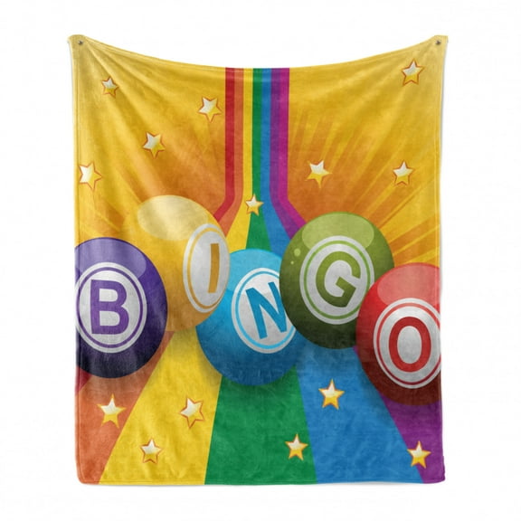 Bingo Soft Flannel Fleece Throw Blanket, Colorful Bingo Balls on Rainbow over Yellow Bursting Background Leisure Time Fun, Cozy Plush for Indoor and Outdoor Use, 60" x 80", Multicolor, by Ambesonne