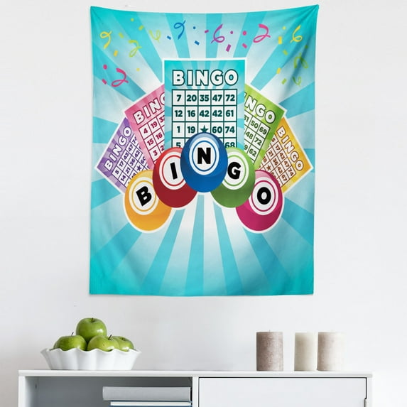 Bingo Tapestry, Colorful Illustration of Bingo Cards and Balls on Blue Sun Rays Retro Style, Fabric Wall Hanging Decor for Bedroom Living Room Dorm, 5 Sizes, Pale Blue Multicolor, by Ambesonne