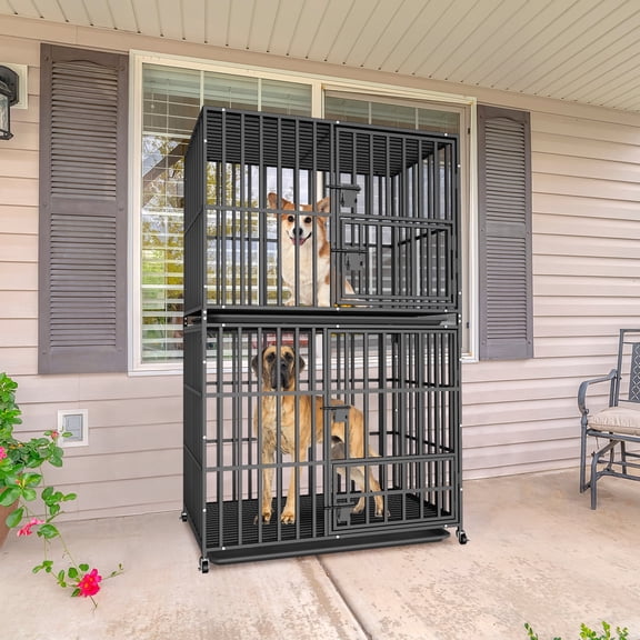 BingoPaw 42" Heavy Duty Dog Cage Stackable Double-layer Heavy Metal Square Tube Pet Crate Kennel with Removable Tray, Lock Latch, Casters