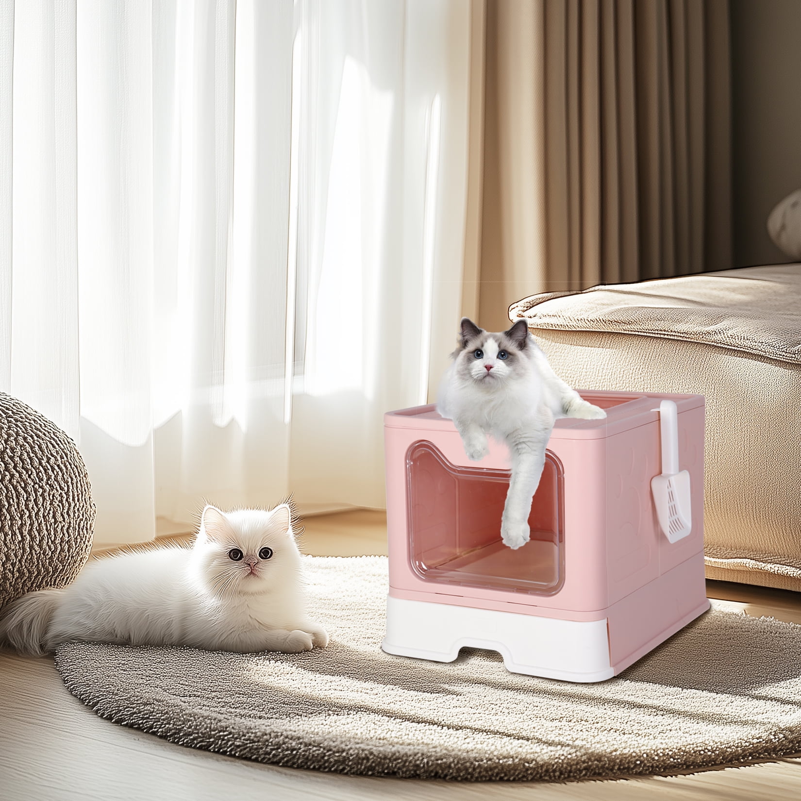 BingoPaw Cat Litter Box Pet Litter Boxes Toilet with Scoop Drawer Portable Foldable Pink