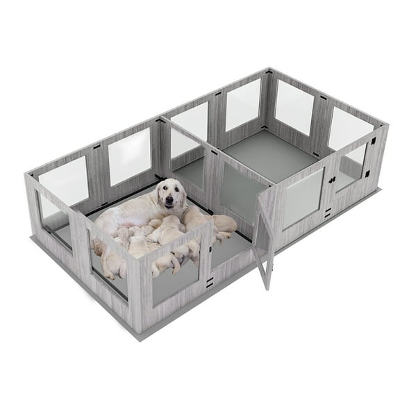 BingoPaw Extra Large Dog Wooden Whelping Box Playpen Giving Birth Kennel with Waterproof Fertility Pad, Clear Two Fence Rooms