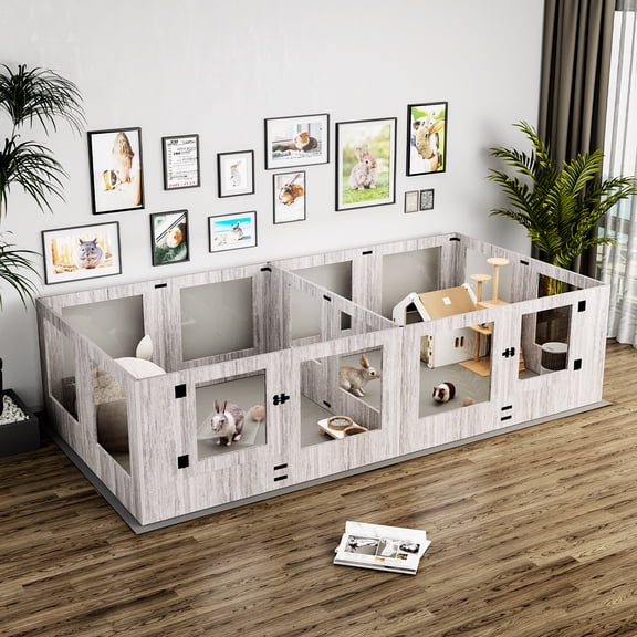 BingoPaw Extra Large Dog Wooden Whelping Box Playpen Giving Birth Kennel with Waterproof Fertility Pad, Clear Two Fence Rooms