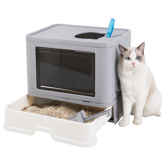 BingoPaw Foldable Cat Litter Tray Box Easy Cleaning with Scoop, Massager, Grey