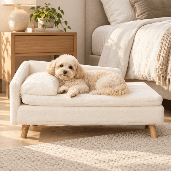 Bingopaw Elevated Pet Sofa Bed for Medium Dogs & Cats, 31.4 in Plush L-Shaped Couch with Pillow, Cream