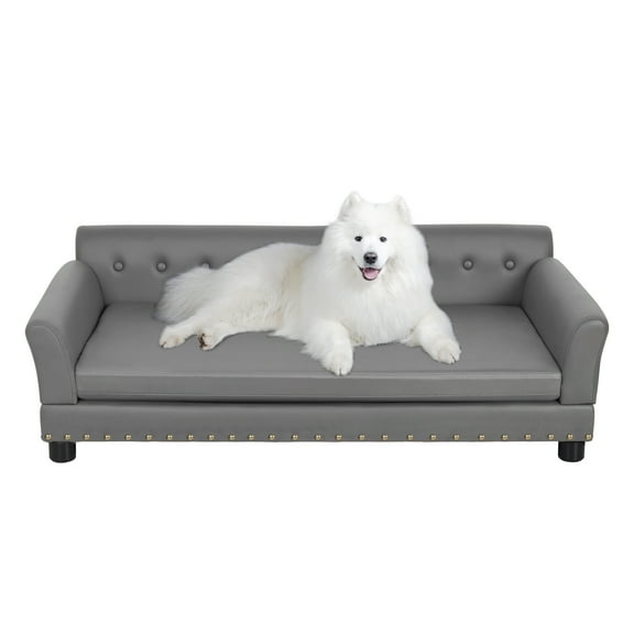 BingoPaw Large Wooden Frame Raised Lounge Bed Dog Sofa Couch with Comfortable Cushion Mat Grey