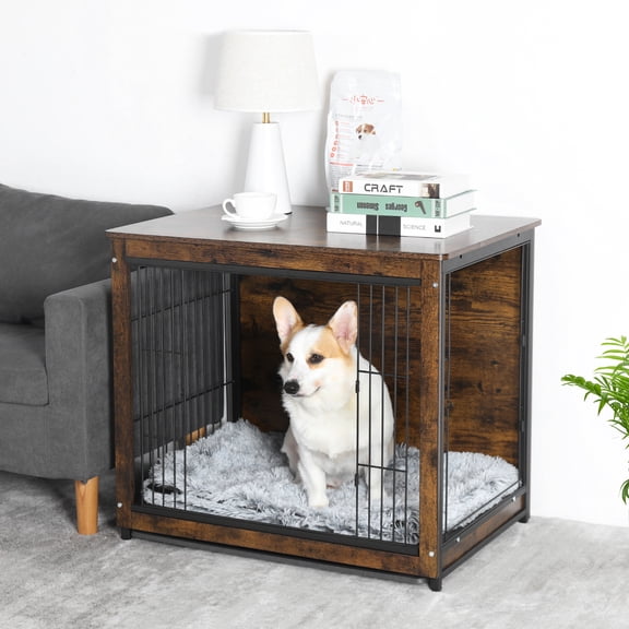 BingoPaw Wooden Dog Crate End Table Furniture Rustic Brown for Medium and Large Dogs