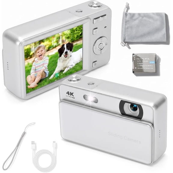 BingoYo Digital Camera, 64MP HD Autofocus 4K Retro Sliding Camera, 16X Digital Zoom CCD Cameras with 2.8 Inch Screen for Teens Adult Beginner (Silver)