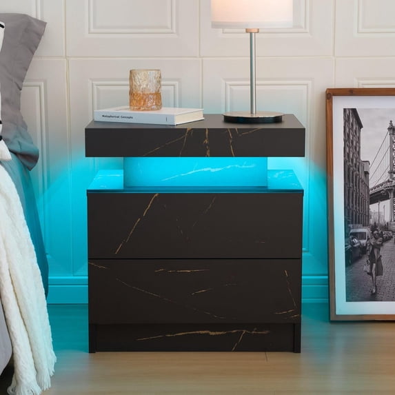 Bingoday LED Nightstand LED Bedside Table with 2 Drawers, Wooden Cabinet Unit with LED Lights for Bedroom, End Table Side Table for Bedroom Living Room