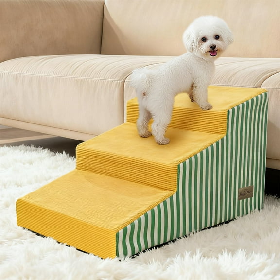 Bingopaw 3 Steps Pet Stairs Dog Ramp Step with Bright Yellow Green Stripe Removable Cover for Beds and Sofa