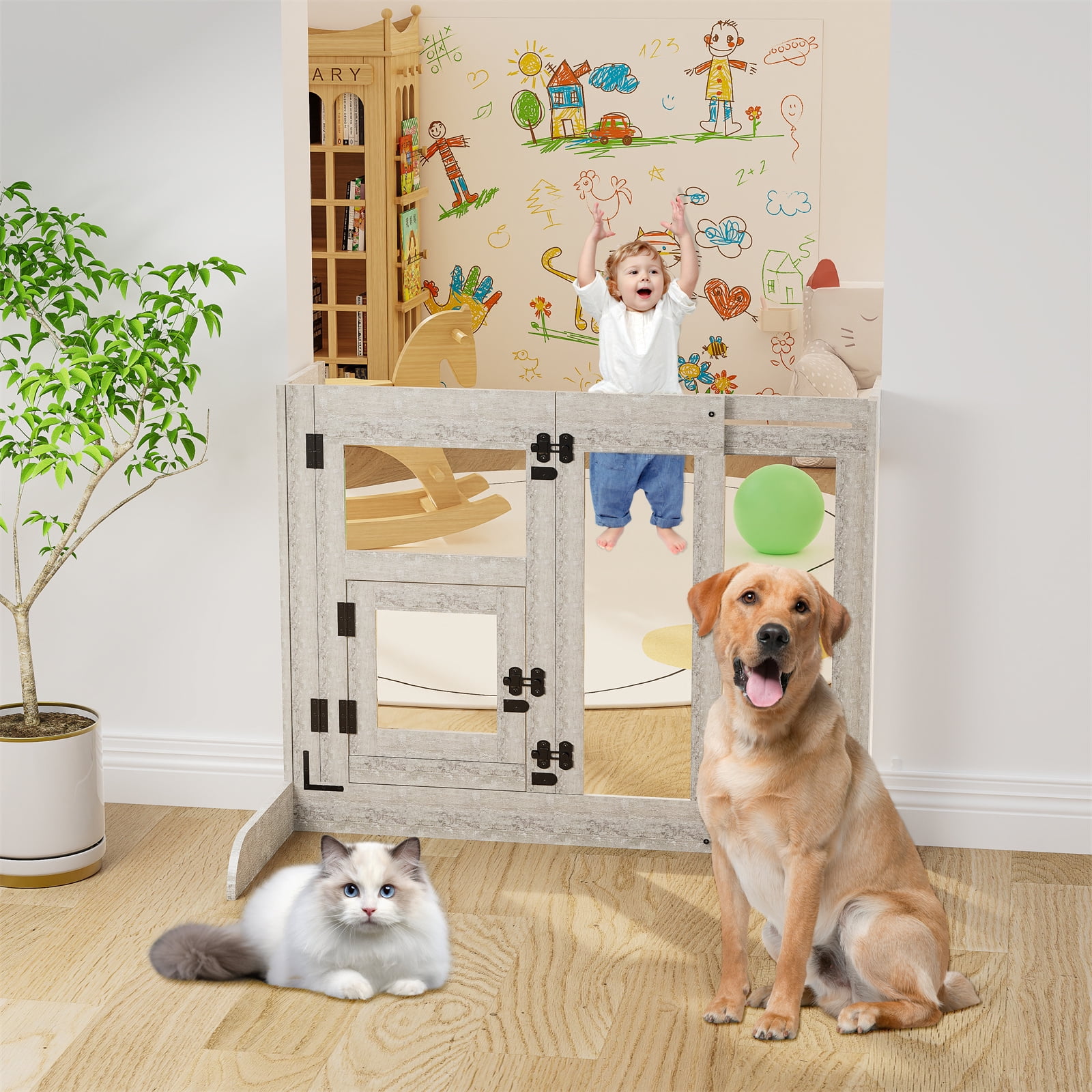 Bingopaw 32" Tall Freestanding Dog Door Gate Adjustable 25.98" to 35.43" Pet Barrier Safety Gate