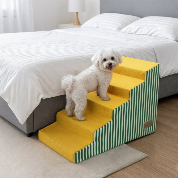 Bingopaw 5 Steps Pet Stairs Dog Ramp Step with Bright Yellow Green Stripe Removable Cover for Beds and Sofa