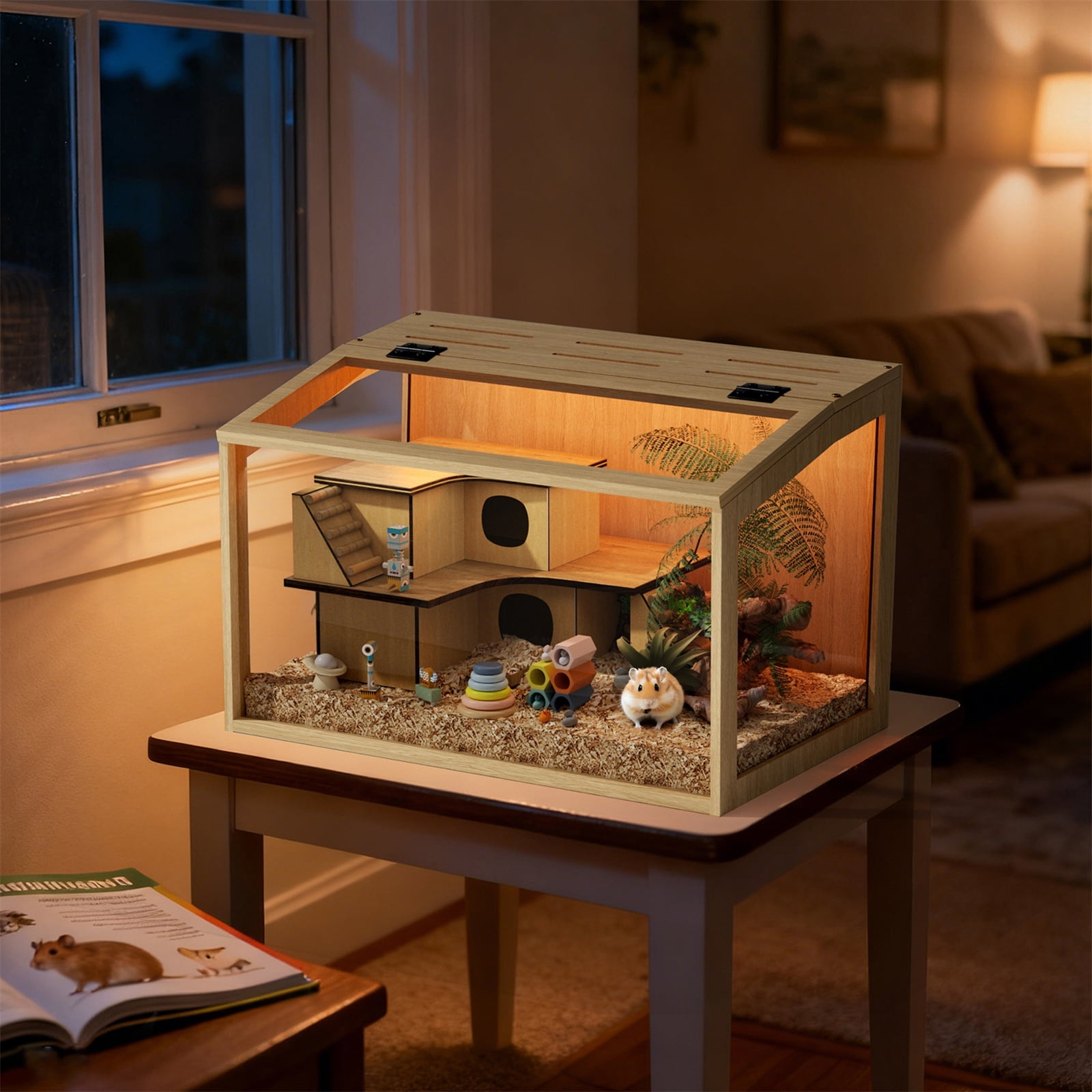 Bingopaw Chew-proof Wooden Hamster Cage Clear Glass Panel Tabletop Habitat with LED Light for Small Pets