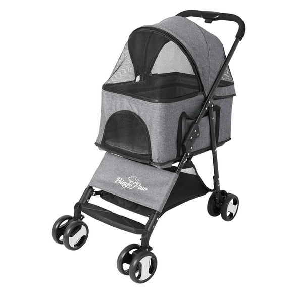 Bingopaw Foldable Pet Stroller 4 Wheel for Puppy and Cats, Gray, with Rain Cover
