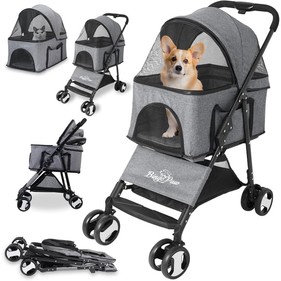 Bingopaw Foldable Pet Stroller 4 Wheel for Puppy and Cats, Gray, with Rain Cover