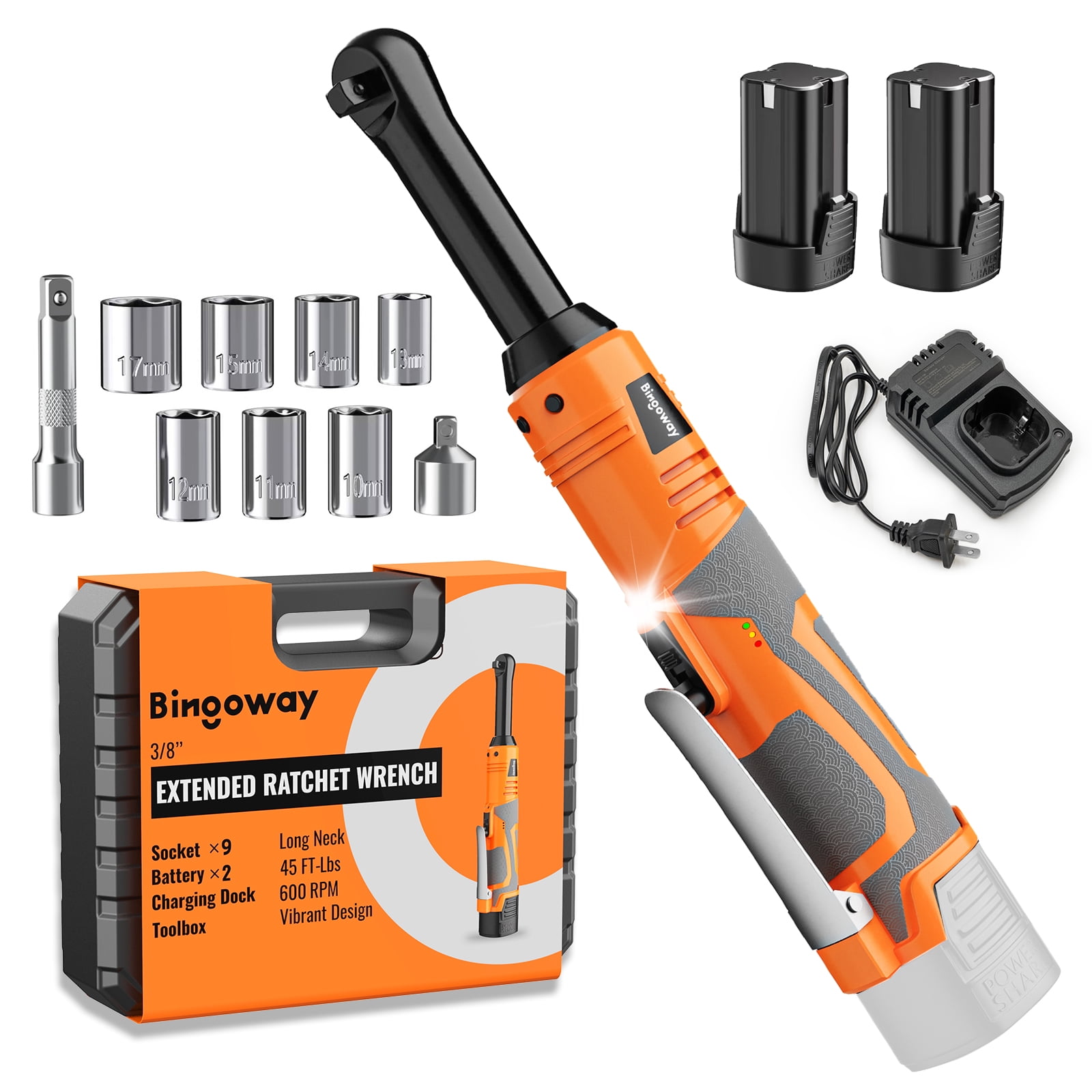 Bingoway 3/8" Extended Cordless Ratchet Wrench Set, 45 ft-Lbs(61N.m) 600 RPM,18V Long Neck Power Ratchet Kit w/2x2.0Ah Battery, 9 Sockets, LED Light, Variable Speed for Housework, Car Repair