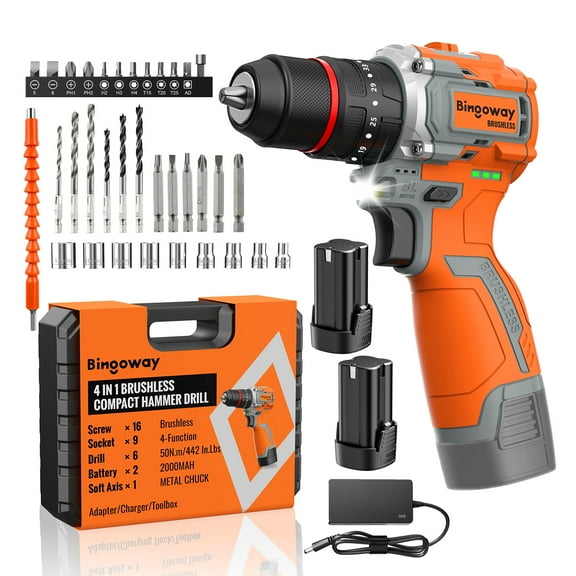 Bingoway 36Pcs Cordless Drill Set, 50N.m Brushless Electric Power Drill with 3/8'' Keyless Chuck, 35Torque Adjustment Electric Drill and 2pcs 2.0Ah Battery&Charger, 2-Speed,LED Light for Home Repairs