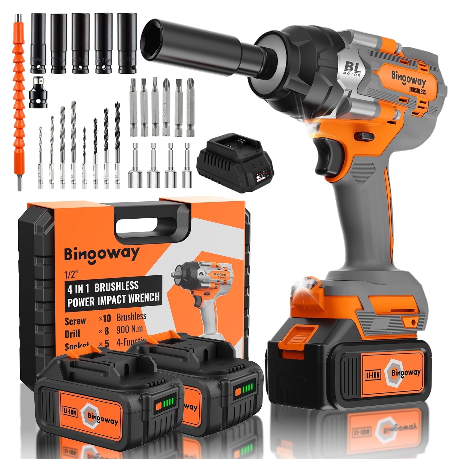 900N.m Brushless Impact Wrench, 21V Cordless Electric Impact Gun 1/2 Inch, High Torque Impact Driver, 2 4.0Ah Impact Dril Tool Set, 5 Sockets,8 Drill,10 Screws, Variable for Car Truck Mower Repair
