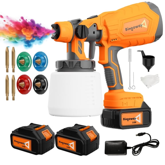 Bingoway 650W Cordless HVLP Paint Sprayer, Electric Spray Gun with 4 Interchangeable Nozzles, 3 Spray Patterns, 1000ML Container, Dual 4000mAh Batteries