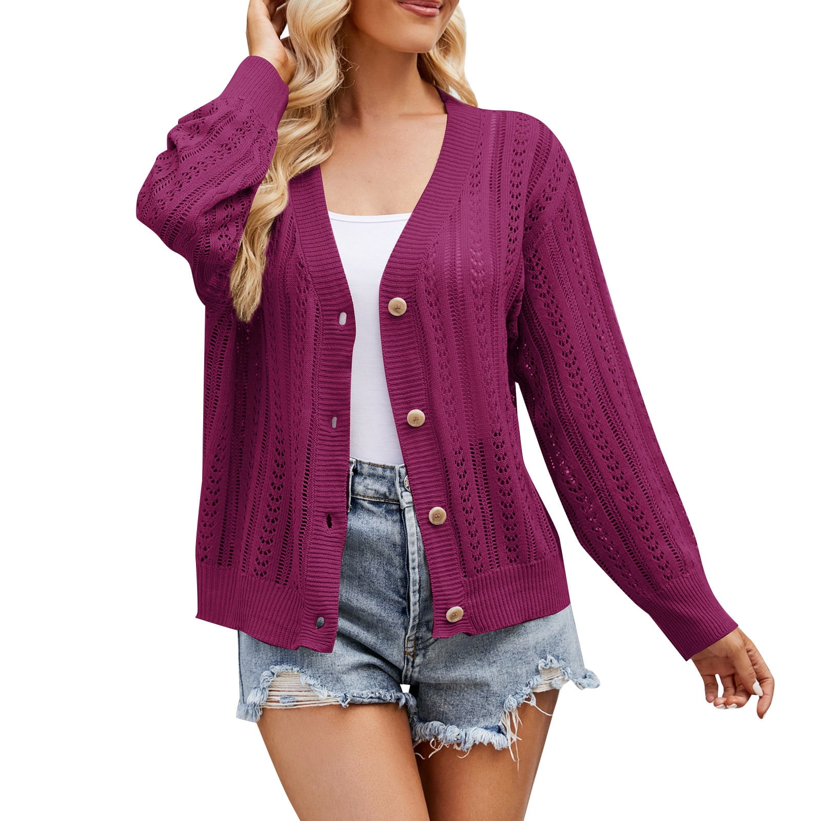 Women's Lightweight Button Down Cardigan Sweater - Long Sleeve Open Front V-Neck Knit For Fall & Winter Outfits