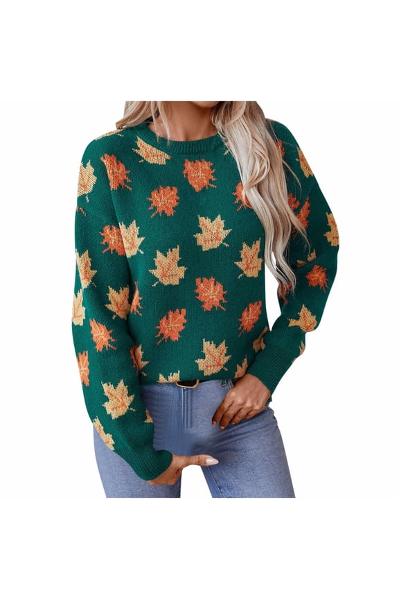 Womens Fall Clothes Women's Casual Maple Leaf Print Crewneck Knit Sweater 2024 Fall Winter Fashion Long Sleeve Graphic Loose Jumpers Tops Machine Washable Fit Lazy Thick Sweater