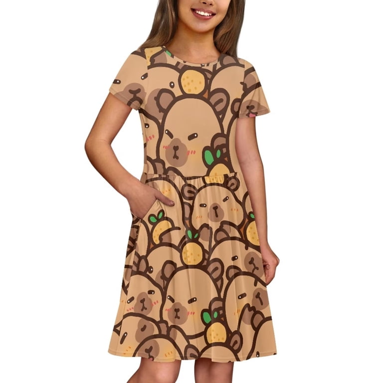 cute comfy summer dresses Binienty 13-14 Year Old for Girls Short Sleeve Capybara Summer Dress Kids Soft Skater Sundress with Pockets Children Summer Outfits material Color:9-pink Petals and Prosecco Cocktail Maxi dress with smocked with shoulder ties