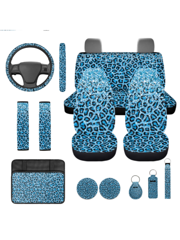 13 Pcs Sparkling Leopard Print Pattern Car Accessories, Includes Seat Belt Cover Protective Auto Accessories, Suitable for Most Cars vehicless Van Truck