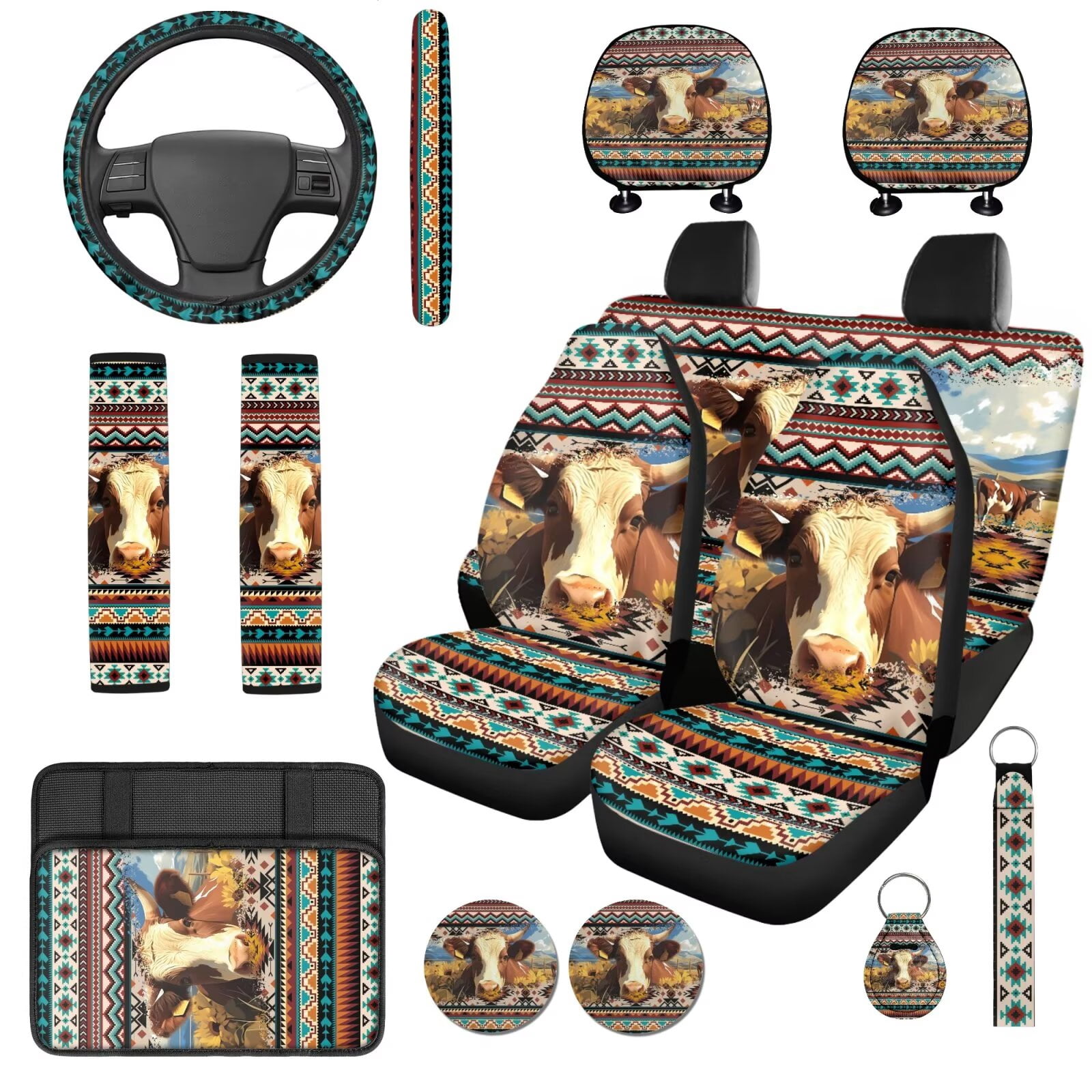 Binienty 14 PCS Aztec Cow Print Vehicle Seat Covers with 15 Inch Steering Wheel Cover Breathable Center Console Cushion Seat Headrest Covers Keychain Vehicle Interior Accessories Set